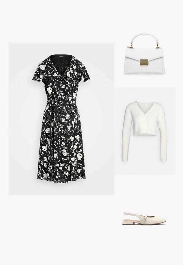 Cardigan court blanc en tissu texturé ; il présente un col en V et trois boutons sur le devant, avec des manches longues et une silhouette ajustée.; Robe noire avec motif floral blanc, manches courtes, décolleté en V et accents de boutons. Jupe évasée pour un ajustement fluide. Le matériau semble léger.; Belles ballerines en cuir beige clair, avec un bout carré, une sangle réglable et un petit talon carré. Texture lisse et design minimal.; Sac à main en cuir blanc avec une forme structurée, doté d'un rabat pliant, d'une fermeture à fermoir en métal doré et d'une petite anse. Texture lisse, coutures minimales.