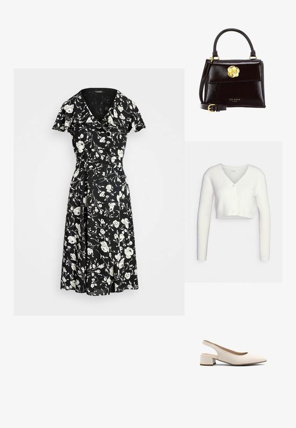 Hvid cropped cardigan lavet af tekstureret stof; har V-hals og tre knapper foran, med lange ærmer og en tætsiddende silhuet.; Sort kjole med hvidt blomstertryk, korte ærmer, V-hals og knapdetaljer. Udflydende skørt for en let og luftigt pasform. Materialet ser let ud.; Beige slingback hæle med spids tå, lav blokhæl og glat lædertekstur. Har udsparinger på siderne for åndbarhed.; Sort laklæderhåndtaske med struktureret design, der har et buet håndtag, aftagelig rem og en guldfarvet blomsterlåsdetalje.