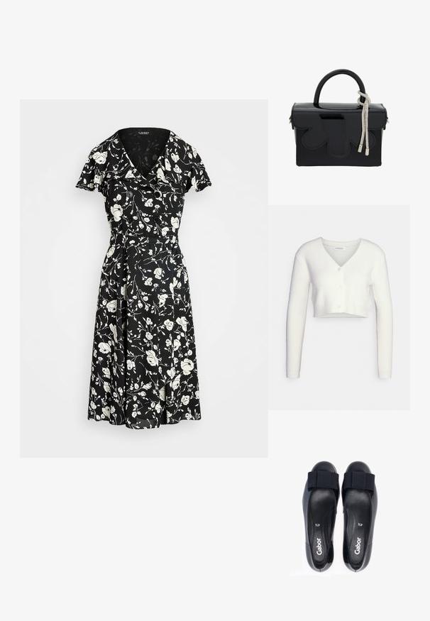 Hvid cropped cardigan lavet af tekstureret stof; har V-hals og tre knapper foran, med lange ærmer og en tætsiddende silhuet.; Sort kjole med hvidt blomstertryk, korte ærmer, V-hals og knapdetaljer. Udflydende skørt for en let og luftigt pasform. Materialet ser let ud.; Sorte Gabor flade sko med elastiske stropper, glat læderoverdel, rund tå og blød indre polstring. Størrelse markeret som 41/2.; Glansende sort håndtaske med en struktureret form, der har en top-håndtag, dekorativt sølvkvast og bølgede detaljer på fronten.