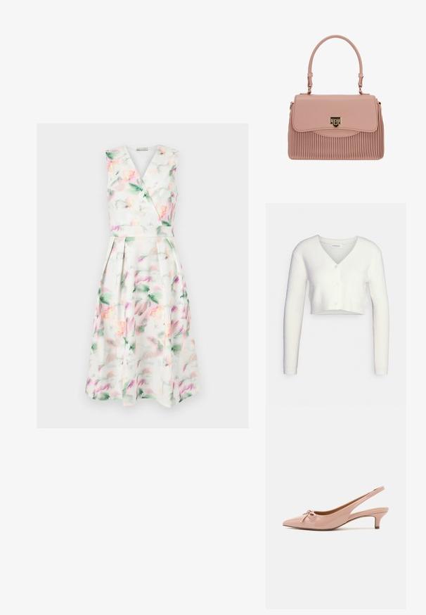 Hvid cropped cardigan lavet af tekstureret stof; har V-hals og tre knapper foran, med lange ærmer og en tætsiddende silhuet.; Ærmeløs hvid midi-kjole med pastel akvarelblomstret print, V-hals omslagsbodice, tætsiddende talje og plisseret nederdel.; Patenteret pink slingback hæle med spids tå, sløjfedetalje foran og lav kittenhæl. Glat tekstur med en blank finish.; Lyserød plissert håndtaske lavet af syntetisk materiale, med en guldfarvet lukning og et struktureret topgreb. Glat tekstur med subtil glans.