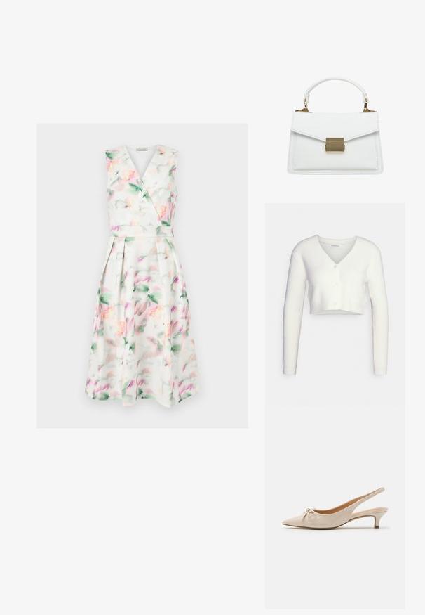Cardigan court blanc en tissu texturé ; il présente un col en V et trois boutons sur le devant, avec des manches longues et une silhouette ajustée.; Robe midi blanche sans manches avec imprimé floral aquarelle pastel, corsage cache-cœur en V, taille cintrée et jupe plissée.; Escarpins slingback en cuir verni beige avec un bout pointu et un nœud décoratif sur le devant. Comprennent un talon bas et fin ainsi qu'une texture lisse.; Sac à main en cuir blanc avec une forme structurée, doté d'un rabat pliant, d'une fermeture à fermoir en métal doré et d'une petite anse. Texture lisse, coutures minimales.