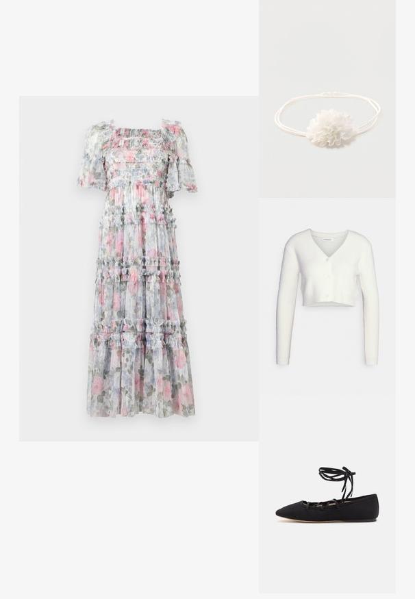 Hvid cropped cardigan lavet af tekstureret stof; har V-hals og tre knapper foran, med lange ærmer og en tætsiddende silhuet.; Blomstret chiffon maxi-kjole med rynket liv, flæseærmer og lagdelte skørter. Farverne omfatter blid pink, grå og grønne blomsterprint.; Loeffler Randall LOUISA LACE UP BALLET FLAT - Ballerinasko m/ rem - black; Hvid elastisk pandebånd med en blød stofblomst dekoration centreret på en ensfarvet lys baggrund.