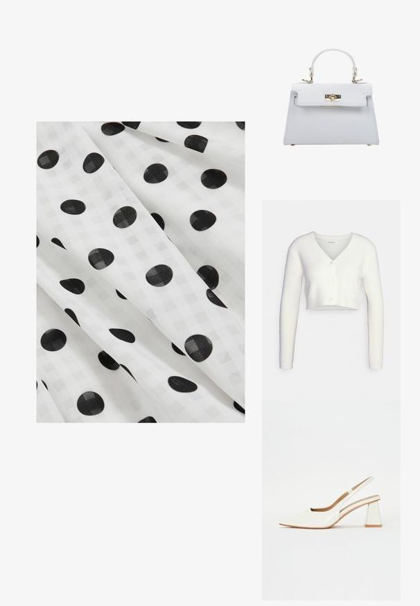 Cardigan court blanc en tissu texturé ; il présente un col en V et trois boutons sur le devant, avec des manches longues et une silhouette ajustée.; Tissu blanc avec des plis fluides, présentant une texture à carreaux subtile et de gros pois noirs espacés uniformément.; Chaussure slingback en cuir verni blanc avec un bout pointu et un talon bloc géométrique. L'intérieur présente une semelle intérieure beige et des découpes latérales minimalistes.; ESTRO Sac à main - white