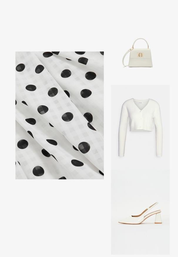 Hvid cropped cardigan lavet af tekstureret stof; har V-hals og tre knapper foran, med lange ærmer og en tætsiddende silhuet.; Hvidt stof med flydende folder, der har en subtil ternet tekstur og jævnt fordelt store sorte polkaprikker.; Hvide patentlæder slingback sko med spidse tæer og en geometrisk blokhæl. Indersiden har en tan indersål og minimale udskæringer på siden.; Lille hvid håndtaske med topgreb, aftagelig skulderrem og guld rektangulært spænde på frontklap.