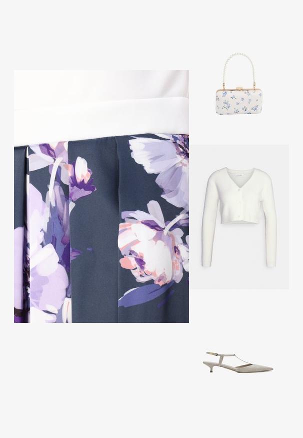 Cárdigan corto blanco hecho de tejido texturizado; presenta un escote en V y tres botones en el frente, con mangas largas y una silueta ajustada.; Falda floral con una cinturilla blanca estructurada. La tela presenta patrones florales multicolores sobre un fondo oscuro, con detalles de diseño plisados.; Zapato slingback de cuero beige con punta puntiaguda, correa delgada en el tobillo, hebilla dorada y tacón bajo de estilo kitten.; Clutch rectangular blanca con patrón floral azul y asa con cuentas de perlas, herrajes en tono dorado y cierre con broche.