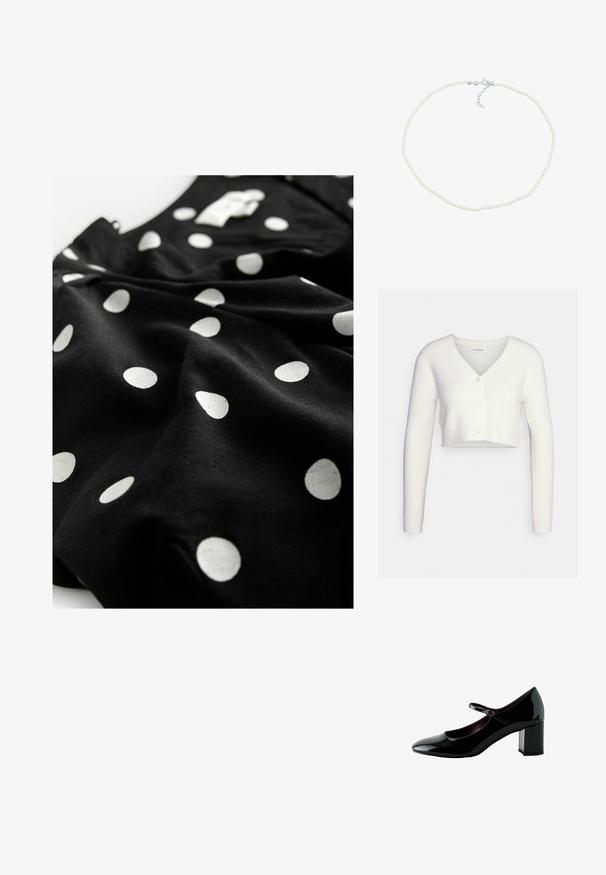 Cárdigan corto blanco hecho de tejido texturizado; presenta un escote en V y tres botones en el frente, con mangas largas y una silueta ajustada.; Next V-NECK PUFF SLEEVE MINI - Vestido camisero - black spot; Zapato Mary Jane de charol negro con puntera redonda, correa ajustable y tacón bloque grueso de altura media.; Collar de perlas con pequeñas perlas blancas y redondas, y un cierre en tono plateado. Incluye una cadena ajustable para personalizar la longitud.