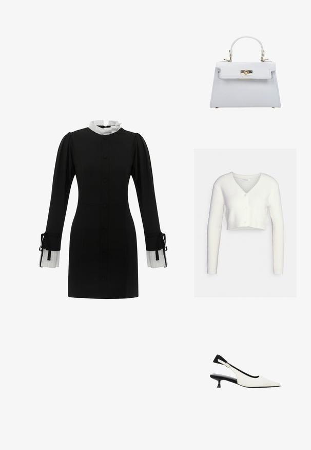 Witte cropped cardigan van textiel met structuur; heeft een V-hals en drie knopen aan de voorkant, met lange mouwen en een getailleerd silhouet.; Zwarte jurk met een hoge witte kraag, knopen aan de voorkant en lange mouwen met geplooide witte manchetten met strikjes. Gladde stofstructuur.; Witte slingback schoen met puntige neus, zwarte kittenheel en verstelbare zilveren gespsluiting.; ESTRO Handtas - white