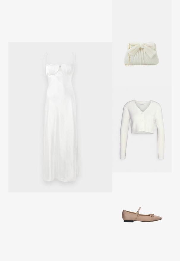 Cardigan court blanc en tissu texturé ; il présente un col en V et trois boutons sur le devant, avec des manches longues et une silhouette ajustée.; Robe maxi en satin blanc avec un bustier ajusté, décolleté en cœur doux, bretelles fines réglables et une fente sur le côté. Texture lisse et brillante.; Ballet flat pointu en satin rose avec un petit nœud et une fine bride à la cheville, doté d'un petit talon noir et d'une texture lisse.; Sac à main plissé blanc avec un nœud proéminent et une chaîne dorée. Texture douce avec un design froncé à l'avant.