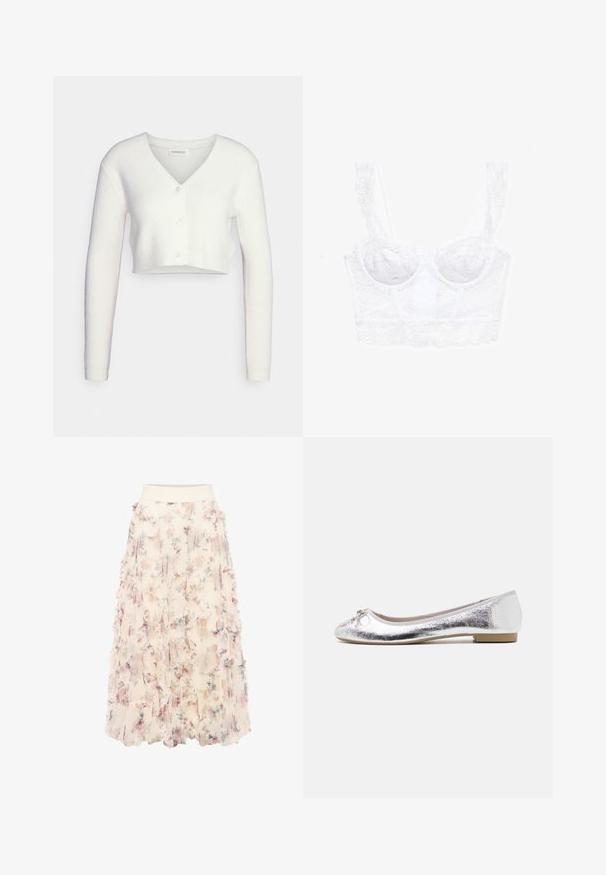 Cardigan court blanc en tissu texturé ; il présente un col en V et trois boutons sur le devant, avec des manches longues et une silhouette ajustée.; Bralette en dentelle blanche avec un design structuré, des bretelles réglables, des motifs floraux et un bord festonné le long de l'encolure et de l'ourlet.; zero MIT BLUMENPRINT - Jupe trapèze - cream pink; Ballerines argentées avec une finition métallique, bout arrondi, accent de nœud à l'avant et un petit talon pour plus de confort.