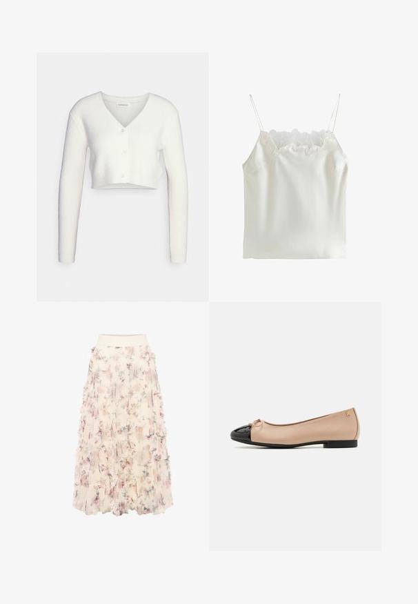 Witte cropped cardigan van textiel met structuur; heeft een V-hals en drie knopen aan de voorkant, met lange mouwen en een getailleerd silhouet.; Witte satijnen cami met kanten afwerking langs de halslijn, verstelbare spaghettibandjes en een gladde textuur. Eenvoudig ontwerp, zonder patronen.; zero MIT BLUMENPRINT - A-lijn rok - cream pink; Ballet flats met een beige satijnen bovenkant, zwarte lakleren neuskap, kleine strikdetail aan de voorkant en een lage zwarte hak.