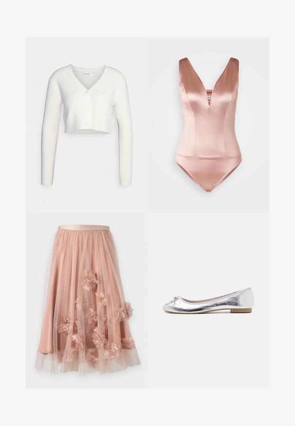 Cardigan court blanc en tissu texturé ; il présente un col en V et trois boutons sur le devant, avec des manches longues et une silhouette ajustée.; Maillot de bain en satin rose avec un décolleté en V profond et de larges bretelles. Comprend un corsage ajusté et une culotte courte. Texture lisse.; Jupe en tulle rose pâle avec une ceinture en satin. Comprend plusieurs couches de tissu transparent et des appliqués floraux en trois dimensions sur toute la surface.; Ballerines argentées avec une finition métallique, bout arrondi, accent de nœud à l'avant et un petit talon pour plus de confort.