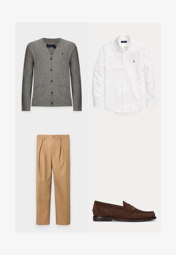 Polo Ralph Lauren CARDIGAN - Chaqueta de punto - fawn grey heather; Camisa blanca de manga larga con botones, cuello y pequeño logotipo bordado en el pecho izquierdo, colocada plana sobre fondo liso.; Pantalones de algodón color canela con un corte holgado, diseño plisado, cinturilla con cierre de botón y pernera recta. Textura suave sin patrones.; Zapato tipo loafer de ante marrón con tacón bajo y costuras visibles en la punta, el lateral y la parte trasera, mostrado sobre un fondo claro y liso.