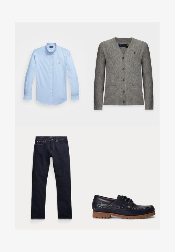Polo Ralph Lauren CARDIGAN - Vest - fawn grey heather; Lichtblauw overhemd met lange mouwen, gemaakt van katoen, met een puntige kraag en een geborduurd logo op de linkerborst. Vlakke voorkant ontwerp.; Donkerblauwe denim jeans met vijf zakken, koperen klinknagels en contrasterende stiksels, plat gelegen tegen een witte achtergrond.; Marineblauwe leren bootschoen met bruine rubberen zool, witte stiksels, veters en een klein groen Polo-label aan de zijkant.