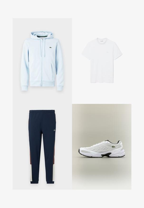 Sudadera con cremallera de color azul claro en una mezcla de algodón, con un bolsillo tipo canguro, puños acanalados y un pequeño logo verde en la zona del lado izquierdo del pecho.; Camiseta blanca lisa de manga corta con cuello redondo y pequeño logo bordado en el pecho izquierdo.; Pantalones de chándal navy fabricados con un tejido suave, con paneles laterales en marrón y crema, cinturilla elástica y un pequeño logo en la parte frontal.; Zapatilla deportiva blanca con parte superior de malla texturizada, diseño curvado y suela exterior negra en contraste. Presenta un logo verde bordado en el lateral.