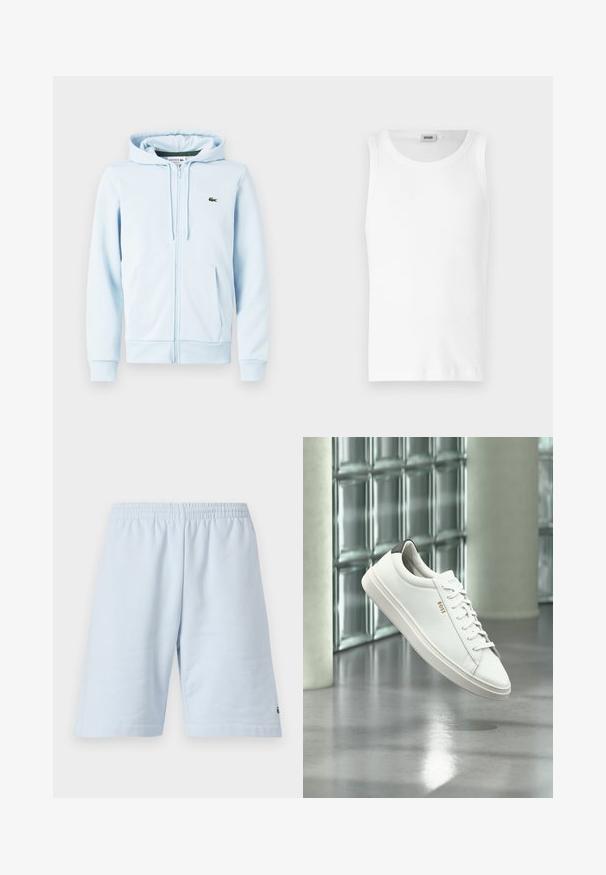 Hellblaues Zip-Hoodie aus Baumwollmischung, mit Kängurutasche, gerippten Bündchen und einem kleinen grünen Logo auf der linken Brust.; Weißes Baumwoll-Tanktop ohne Ärmel mit Rundhalsausschnitt und glatter Textur. Einfaches Design, ohne Muster oder Akzente.; Helle blaue Baumwollshorts mit elastischem Bund. Einfaches, einfarbiges Design und offener Saum. Logo-Verzierung am unteren Saum.; Weißer Leder-Low-Top-Sneaker mit Schnürsenkeln, schwarzer Fersenschlaufe und „BOSS“-Logo, der drinnen nahe einer Glassteinwand und einem polierten Boden schwebt.