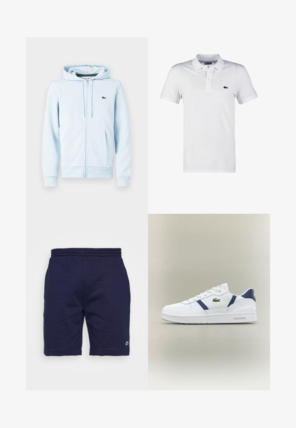Sudadera con cremallera de color azul claro en una mezcla de algodón, con un bolsillo tipo canguro, puños acanalados y un pequeño logo verde en la zona del lado izquierdo del pecho.; Camisa polo blanca de algodón, con una tapeta de tres botones, mangas cortas y un logo de cocodrilo bordado en verde en el lado izquierdo del pecho.; Pantalones cortos de algodón azul marino con cintura elástica, que presentan un pequeño logotipo verde en la parte inferior de la pierna izquierda y una textura suave.; Zapatilla Lacoste blanca con acentos en azul marino, logo de cocodrilo verde, diseño de cordones y suela de marca sobre fondo neutro.