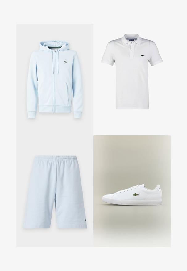 Hellblaues Zip-Hoodie aus Baumwollmischung, mit Kängurutasche, gerippten Bündchen und einem kleinen grünen Logo auf der linken Brust.; Weißes Polohemd aus Baumwolle, mit einer Knopfleiste mit drei Knöpfen, kurzen Ärmeln und einem grünen gestickten Krokodil-Logo auf der linken Brust.; Helle blaue Baumwollshorts mit elastischem Bund. Einfaches, einfarbiges Design und offener Saum. Logo-Verzierung am unteren Saum.; Weiße Ledersneaker mit einer strukturierten Gummisohle, die an der Seite ein grünes gesticktes Krokodil-Logo und eine minimale Markenidentität aufweisen.