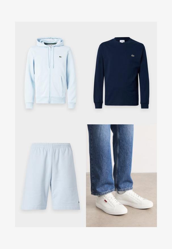 Sudadera con cremallera de color azul claro en una mezcla de algodón, con un bolsillo tipo canguro, puños acanalados y un pequeño logo verde en la zona del lado izquierdo del pecho.; Camiseta de manga larga azul marino hecha de algodón, con cuello redondo y un pequeño logo de cocodrilo verde en el lado izquierdo del pecho.; Pantalones cortos de algodón azul claro con cinturilla elástica. Presenta un diseño simple y sólido con dobladillo abierto. Acento del logo en el dobladillo inferior.; Zapatillas blancas con una superficie lisa, puntera redonda y suela plana. Acompañadas de jeans de mezclilla azul con un corte recto y costuras visibles.