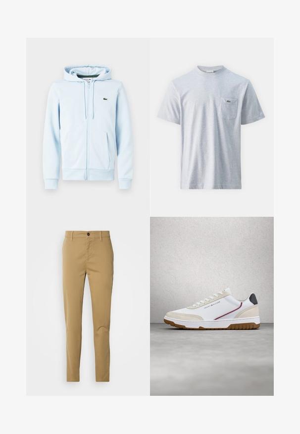 Haut zippé bleu clair en mélange de coton, comportant une poche kangourou, des poignets côtelés et un petit logo vert sur la partie gauche de la poitrine.; T-shirt en coton gris à manches courtes, col rond et poche poitrine gauche avec un petit logo vert. Texture lisse, coupe décontractée.; Pantalons khaki en coton. Design ajusté avec une texture lisse, poches avant et une fermeture à bouton unique à la taille.; Baskets Tommy Hilfiger blanches et beiges avec semelle en gomme, accent rouge et texte de marque, flottant au-dessus d'un sol en béton poli.