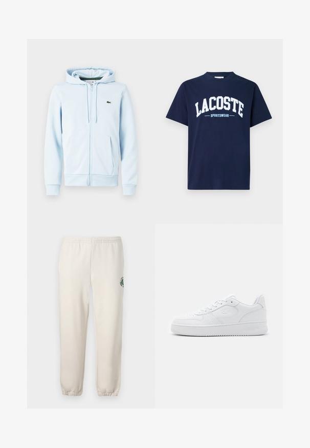 Haut zippé bleu clair en mélange de coton, comportant une poche kangourou, des poignets côtelés et un petit logo vert sur la partie gauche de la poitrine.; T-shirt en coton bleu marine avec un col rond et des manches courtes. Présente un grand texte "LACOSTE" en blanc et "SPORTSWEAR" en bleu clair en dessous.; Pantalon de jogging beige clair en coton, doté d'une taille élastique, de poignets en côtes et d'un logo vert avec un design de feuille sur la jambe gauche.; Baskets en cuir blanc avec une boîte à orteils perforée, des lacets plats et un col rembourré. Présente un logo en relief sur le côté et une semelle en caoutchouc texturée.