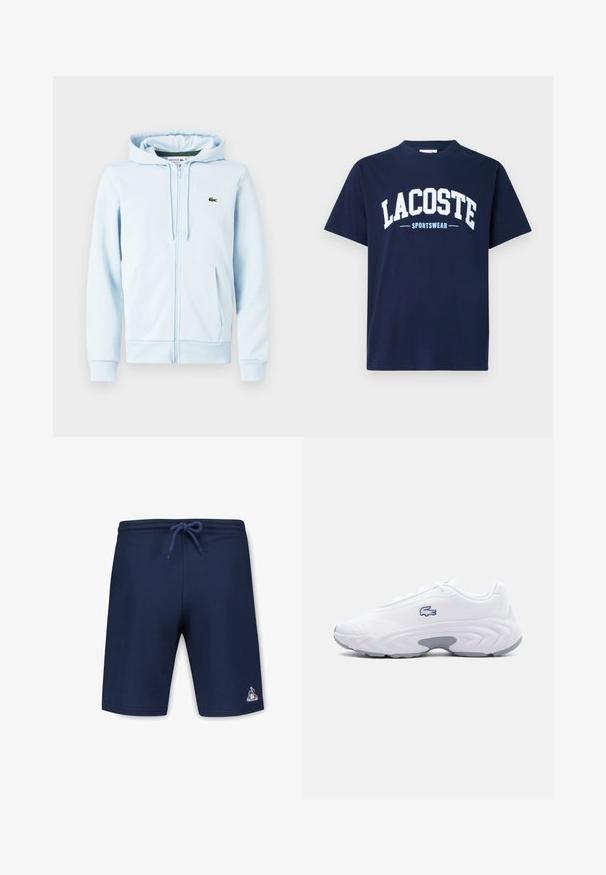 Sudadera con cremallera de color azul claro en una mezcla de algodón, con un bolsillo tipo canguro, puños acanalados y un pequeño logo verde en la zona del lado izquierdo del pecho.; Camiseta de algodón azul marino con cuello redondo y mangas cortas. Presenta un gran texto blanco "LACOSTE" y "SPORTSWEAR" en azul claro debajo.; Bañador azul marino hecho de una tela suave, con una cintura elástica y cordón de ajuste, y un pequeño logo en la parte inferior izquierda.; Zapatilla deportiva blanca con suela gris, parte superior de malla, cierre de cordones y un logo de cocodrilo azul bordado en el lateral.