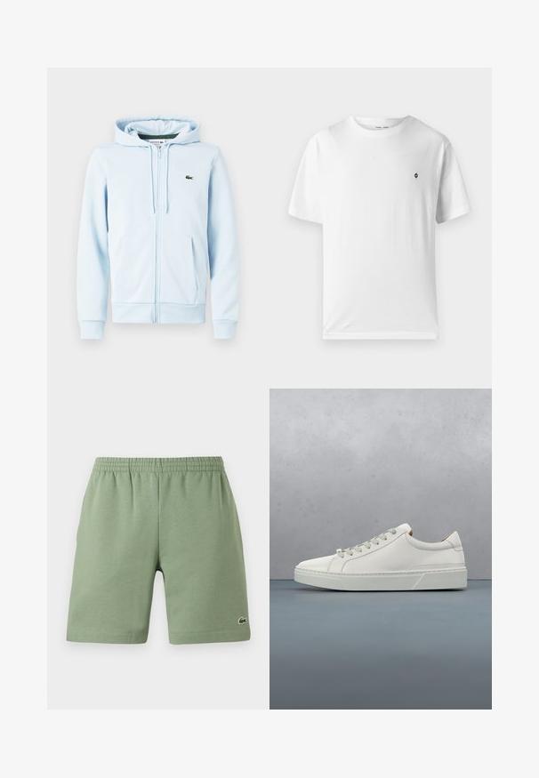 Lichtblauwe ritsvest van een katoenmix, met een kangoeroezak, ribgebreide manchetten en een klein groen logo op de linkerborst.; Witte katoenen t-shirt met een ronde hals, korte mouwen en een klein zwart logo op de borst. Zachte textuur, casual pasvorm.; Groene katoenen shorts met een elastische tailleband, ontspannen pasvorm en een klein geborduurd logo aan de onderkant aan de linkerzijde. Gladde textuur, geen zakken.; Witte leren sneaker met een ronde neus, minimalistisch ontwerp, grijze veters en een gestructureerde grijze rubberen zool. Fijne stikdetails zichtbaar.
