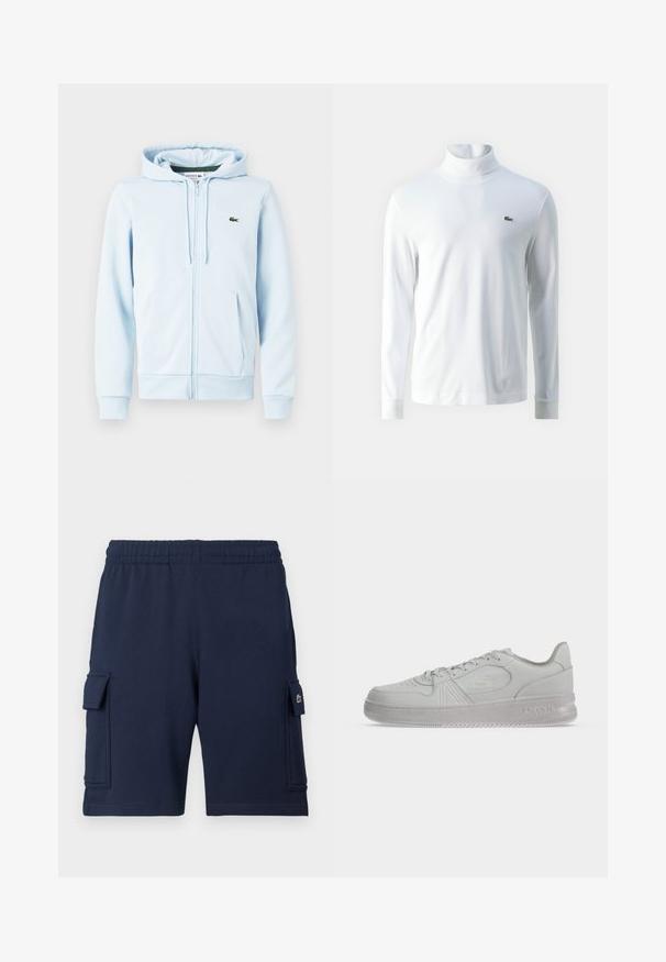 Hellblaues Zip-Hoodie aus Baumwollmischung, mit Kängurutasche, gerippten Bündchen und einem kleinen grünen Logo auf der linken Brust.; Weißes Langarm-Turtleneck-Shirt aus weichem Stoff, mit einem kleinen grünen gestickten Logo auf der Brust und schmalen Bündchen.; Marineblaue Cargo-Shorts aus weichem Stoff, mit einem elastischen Bund, zwei Seitentaschen und einem kleinen Logoakzent auf der linken Tasche.; Weißer, flacher Lacoste-Sneaker mit Schnürsenkeln, geprägtem Logo an der Seite und strukturierter Sohle auf einfachem Hintergrund.