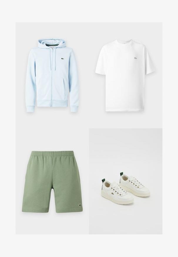Lichtblauwe ritsvest van een katoenmix, met een kangoeroezak, ribgebreide manchetten en een klein groen logo op de linkerborst.; Witte katoenen t-shirt met een ronde hals en korte mouwen. Bevat een klein zwart Lacoste-logo aan de linkerkant van de borst.; Groene katoenen shorts met een elastische tailleband, ontspannen pasvorm en een klein geborduurd logo aan de onderkant aan de linkerzijde. Gladde textuur, geen zakken.; Witte leren sneakers met groene accenten, vetersluiting, gouden ogen en gemêleerde panelen. Dikke crèmekleurige rubberen zool.