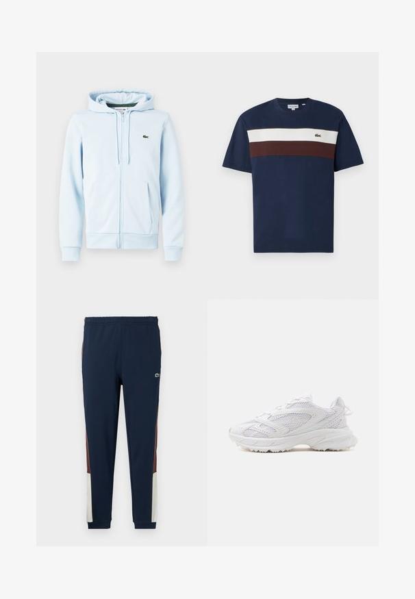 Sudadera con cremallera de color azul claro en una mezcla de algodón, con un bolsillo tipo canguro, puños acanalados y un pequeño logo verde en la zona del lado izquierdo del pecho.; Camiseta de algodón azul marino con rayas horizontales en crema y burdeos, con un pequeño logo de cocodrilo verde en el pecho.; Pantalones de chándal navy fabricados con un tejido suave, con paneles laterales en marrón y crema, cinturilla elástica y un pequeño logo en la parte frontal.; Zapatilla deportiva blanca con paneles de malla, suela texturizada y diseño con cordones, mostrada de lado sobre un fondo liso.