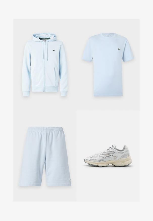 Sudadera con cremallera de color azul claro en una mezcla de algodón, con un bolsillo tipo canguro, puños acanalados y un pequeño logo verde en la zona del lado izquierdo del pecho.; Camiseta de manga corta azul claro hecha de un suave material de algodón. Presenta un pequeño logo bordado de cocodrilo verde en el pecho.; Pantalones cortos de algodón azul claro con cinturilla elástica. Presenta un diseño simple y sólido con dobladillo abierto. Acento del logo en el dobladillo inferior.; Zapatillas deportivas blancas con detalles en gris, parte superior de malla y sintético, diseño de cordones, y suela de goma texturizada con patrones de tracción.
