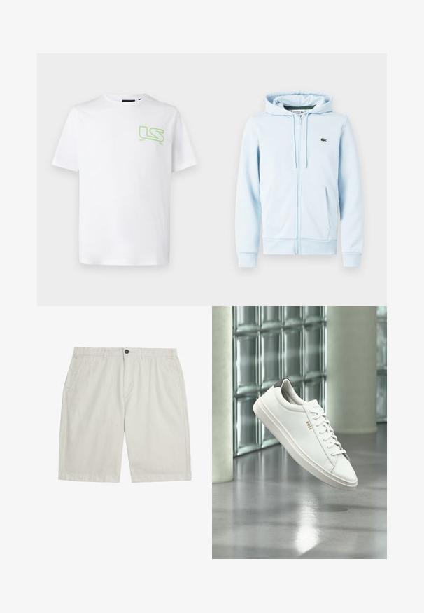 Hellblaues Zip-Hoodie aus Baumwollmischung, mit Kängurutasche, gerippten Bündchen und einem kleinen grünen Logo auf der linken Brust.; Weißes Baumwoll-T-Shirt mit einem kleinen grünen "LS"-Logo auf der linken Brustseite. Klassischer Rundhalsausschnitt und kurze Ärmel.; Hellbeige knielange Shorts mit Fronttaschen, Gürtelschlaufen, Knopfverschluss und sauberem, glattem Stoff.; Weißer Leder-Low-Top-Sneaker mit Schnürsenkeln, schwarzer Fersenschlaufe und „BOSS“-Logo, der drinnen nahe einer Glassteinwand und einem polierten Boden schwebt.