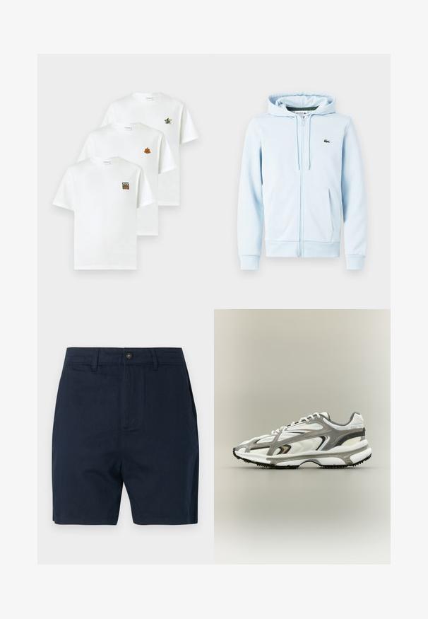 Lys blå zip-up hoodie i bomuldsblanding, med en kengurulomme, ribbede manchetter og et lille grønt logo på venstre brystområde.; Tre hvide bomulds T-shirts med rund hals. Hver har forskellige broderede motiver: en blomst, en solstråle og en cykel.; Mørkeblå shorts lavet af bomuldsblandingsstof, med forlommer, knaplukning og lige skæring uden synlige mønstre eller accenter.; Sportssko med en hvid mesh-overdel, grå accenter, sort gummisål og et strømlinet design. Har snørebånd og strukturerede detaljer.