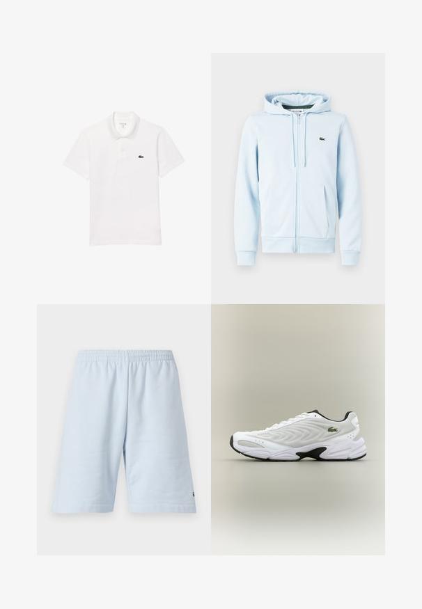 Sudadera con cremallera de color azul claro en una mezcla de algodón, con un bolsillo tipo canguro, puños acanalados y un pequeño logo verde en la zona del lado izquierdo del pecho.; Camisa polo blanca de algodón, con un cuello estándar, mangas cortas y un pequeño logo en azul marino en el lado izquierdo del pecho.; Pantalones cortos de algodón azul claro con cinturilla elástica. Presenta un diseño simple y sólido con dobladillo abierto. Acento del logo en el dobladillo inferior.; Zapatilla deportiva blanca con parte superior de malla texturizada, diseño curvado y suela exterior negra en contraste. Presenta un logo verde bordado en el lateral.