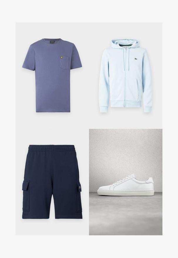 Haut zippé bleu clair en mélange de coton, comportant une poche kangourou, des poignets côtelés et un petit logo vert sur la partie gauche de la poitrine.; T-shirt en coton violet à manches courtes, col rond, avec une poche poitrine ornée d'un logo brodé jaune.; Shorts cargo bleu marine en tissu doux, dotés d'une ceinture élastique, de deux poches latérales et d'un petit logo sur la poche gauche.; Sneaker blanche avec une tige en cuir lisse et un profil bas. Présente un bout arrondi, six œillets et une semelle en caoutchouc texturé.