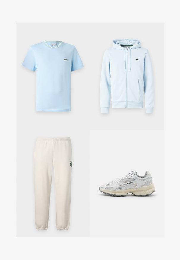 Lys blå zip-up hoodie i bomuldsblanding, med en kengurulomme, ribbede manchetter og et lille grønt logo på venstre brystområde.; Lys blå bomulds-T-shirt med korte ærmer, en rund hals med en grøn og hvid stribet kant, og et lille broderet logo på brystet.; Lys beige sweatpants lavet af bomuld, med elastisk talje, ribbede mansjetter og et grønt logo med bladdesign på venstre ben.; Hvide sportssko med grå detaljer, overdel i mesh og syntetiske materialer, snørebåndsdesign og tekstureret gummisål med grebemønstre.