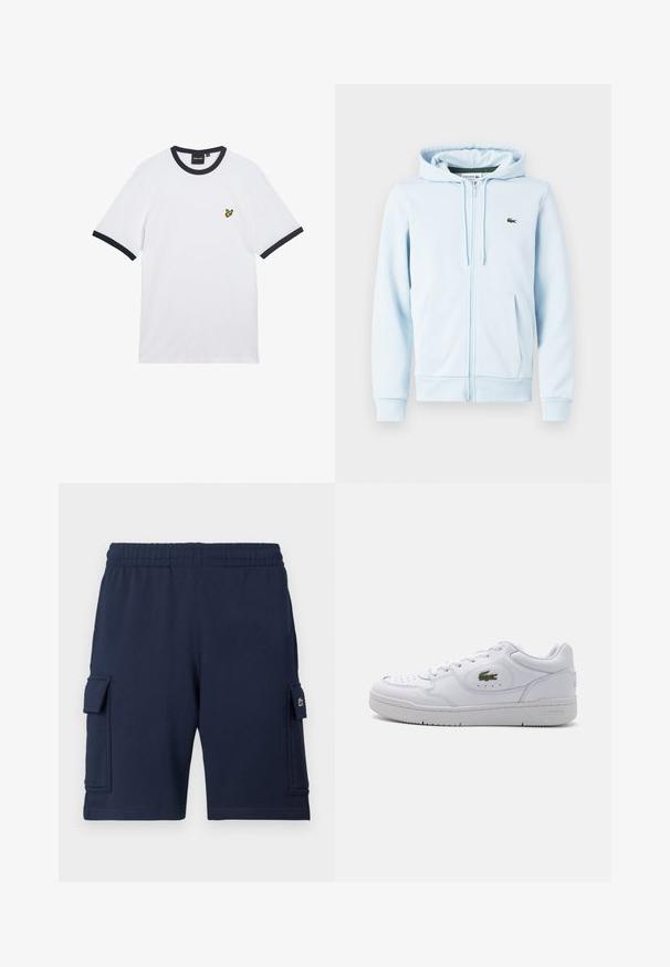 Haut zippé bleu clair en mélange de coton, comportant une poche kangourou, des poignets côtelés et un petit logo vert sur la partie gauche de la poitrine.; T-shirt en coton blanc avec col et bordures des manches côtelés bleu marine. Présente un petit logo jaune brodé sur la poitrine.; Shorts cargo bleu marine en tissu doux, dotés d'une ceinture élastique, de deux poches latérales et d'un petit logo sur la poche gauche.; Baskets en cuir blanc avec un bout perforé et un logo crocodile vert sur le côté extérieur. Comprend une semelle plate et un design à lacets.