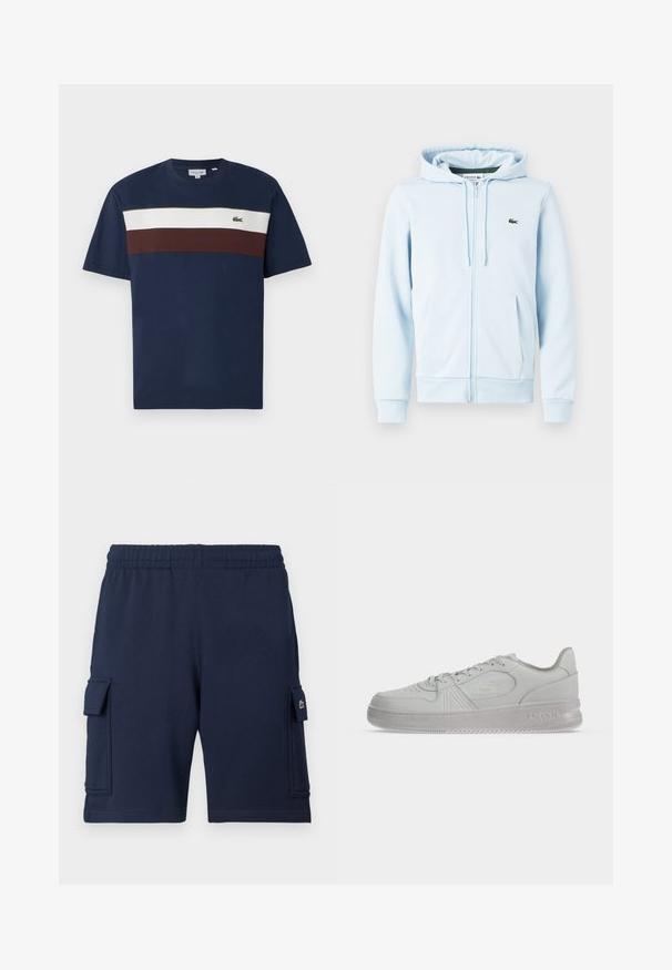 Helehele sinine tõmbetaskuga kapuutsiga dressipluus, mis on valmistatud puuvillase seguga. Dressipluusil on kangaroo tasku, soonikkoes varrukasuud ning väikene roheline logo vasakul rinnal.; Tumed sinine puuvillane T-särk, millel on horisontaalsed triibud kreemja ja burbooni värviga, ning rinnal väike roheline krokodilli logo.; Peenemeresinised vabaaja püksid pehmest kangast, millel on elastne vöökoht, kaks küljetaskut ja vasaku tasku peal väike logoga aktsent.; Valged madalad Lacoste tossud paeltega, külje peal reljeefne logo ning tekstureeritud talla, lihtsal taustal.