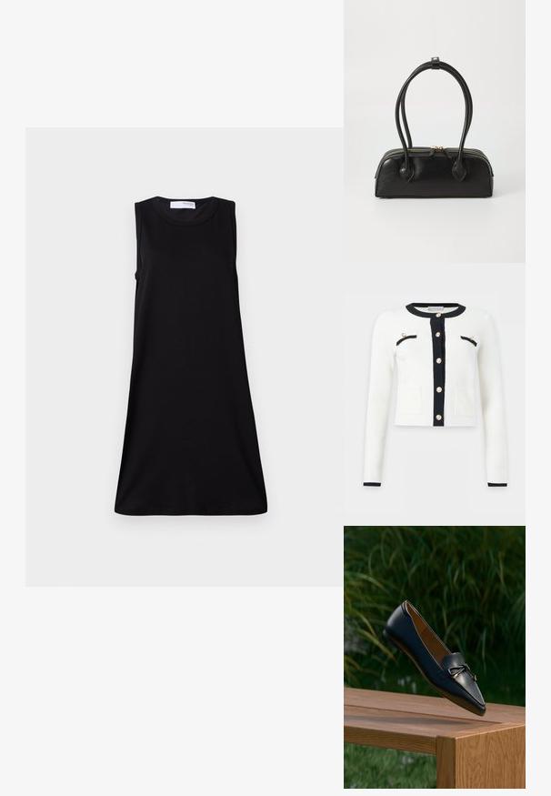 Cárdigan blanco de manga larga con ribete negro alrededor del cuello, tapeta de botones, bolsillos y botones dorados en la parte delantera y en los bolsillos del pecho.; Vestido negro sin mangas con escote redondo, en forma de A, hecho de material suave, que presenta un diseño simple y sin adornos.; Mocasín de cuero negro con un detalle de lazo flotando sobre un banco de madera, con hierba verde y plantas en el fondo.; Bolso de mano de cuero negro con dos asas alargadas, cierre de cremallera y forma redondeada; textura suave con un acabado ligeramente brillante.