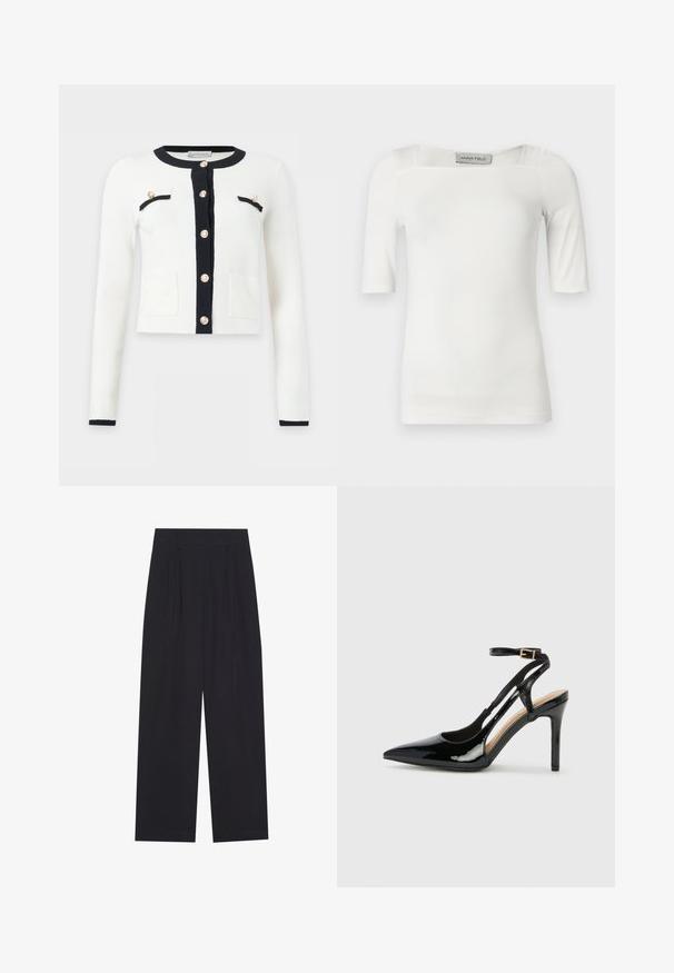 Weißer Langarm-Cardigan mit schwarzem Besatz am Hals, Knopfleiste, Taschen sowie goldenen Knöpfen vorne und an den Brusttaschen.; Weißes kurzärmeliges Oberteil mit quadratischem Ausschnitt aus einem glatten Stoff, mit dezenten Nahtdetails an Schultern und Seiten.; Schwarze, weit geschnittene Hosen aus einem glatten Material, mit Falten, einem flachen Bund und ohne sichtbare Taschen oder Verzierungen.; Schwarze Patentleder-High-Heel-Slingback-Pumps mit spitzem Zeh, verstellbarem Knöchelriemen und offenen Seiten. Glatte Textur.