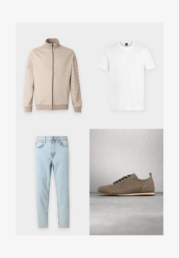 Veste beige avec un motif texturé, fermeture éclair intégrale et col montant. Comprend des poignets et un ourlet côtelés, confectionnée en tissu doux.; T-shirt blanc à manches courtes et col rond avec logo BOSS discret sur la partie supérieure gauche de la poitrine et étiquette noire au niveau du col.; Jean slim taille haute bleu clair avec bouton sur le devant, fermeture éclair, poches avant et arrière, présenté sur fond blanc.; Baskets en daim marron clair avec lacets noirs, bout arrondi, languette à l'arrière et semelle en caoutchouc plate ornée de rayures blanches et marron.