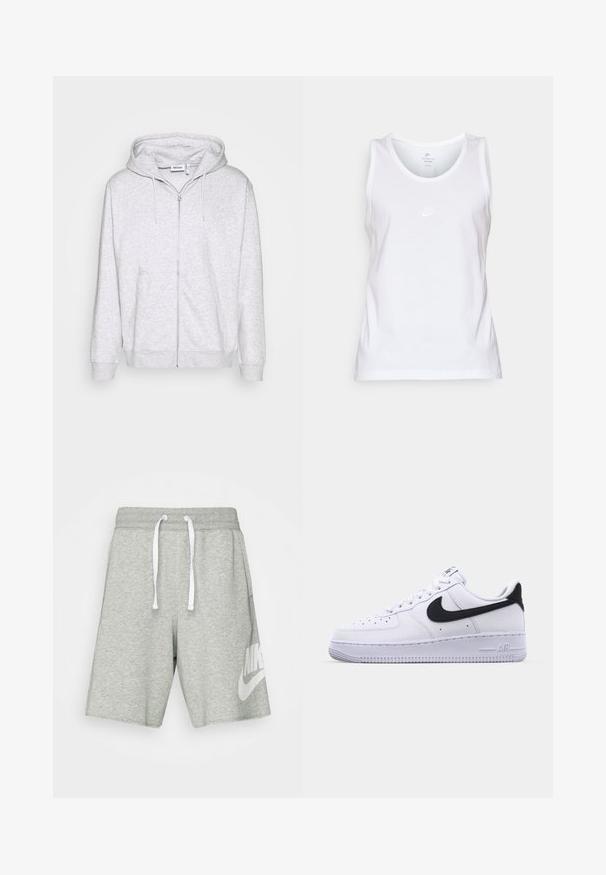 Lichtgrijze zip-up hoodie van zacht materiaal. Beschikt over een voorrits, twee zijzakken en een verstelbare trekkoordkap.; Witte katoenen top met een ronde halslijn, zonder mouwen en een klein ton-sur-ton Nike-logo op de voorkant. Zachte textuur.; Grijze katoenen shorts met een elastische tailleband, witte trekkoorden en een groot wit Nike-logo op het linkerbeen.; Witte leren sneaker met een gestructureerde zwarte Swoosh, platte veters en een rubberen zool met een geribbeld patroon. "AIR" is in de hak geperst.