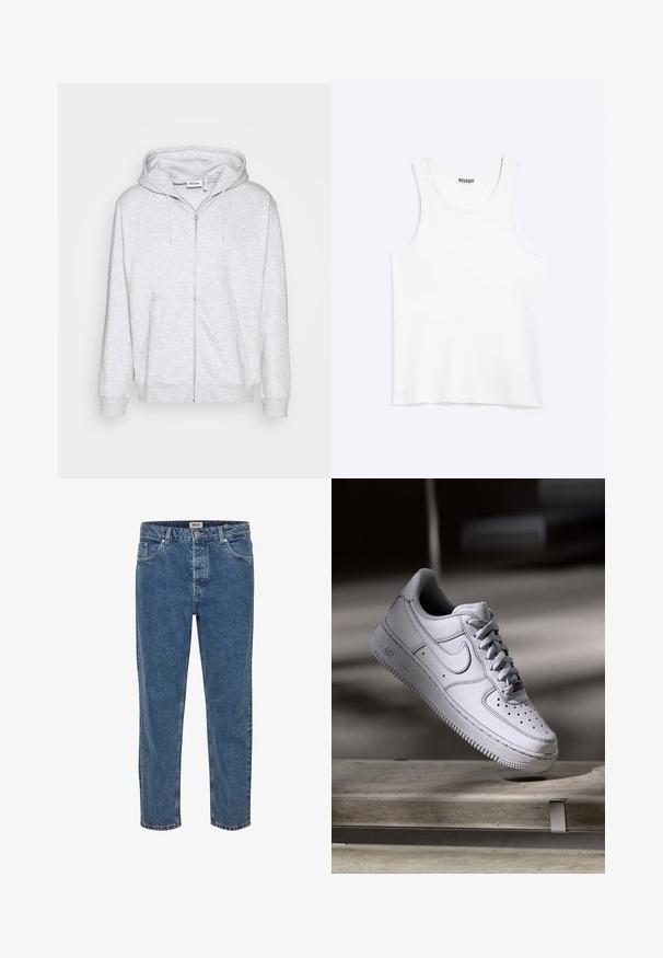 Hoodie zippé gris clair en tissu doux. Il présente une fermeture éclair à l'avant, deux poches latérales et une capuche avec cordon de serrage ajustable.; Débardeur blanc sans manches avec col rond et étiquette de la marque Weekday à l'intérieur du col arrière, présenté à plat sur un fond clair.; Jeans en denim bleu à coupe droite. Présente cinq poches, une fermeture à bouton et des coutures contrastées. Le tissu a une texture classique.; La basket Nike Air Force 1 en cuir blanc présente un embout perforé, des lacets plats et une semelle en caoutchouc texturée avec le logo « AIR » sur le côté.