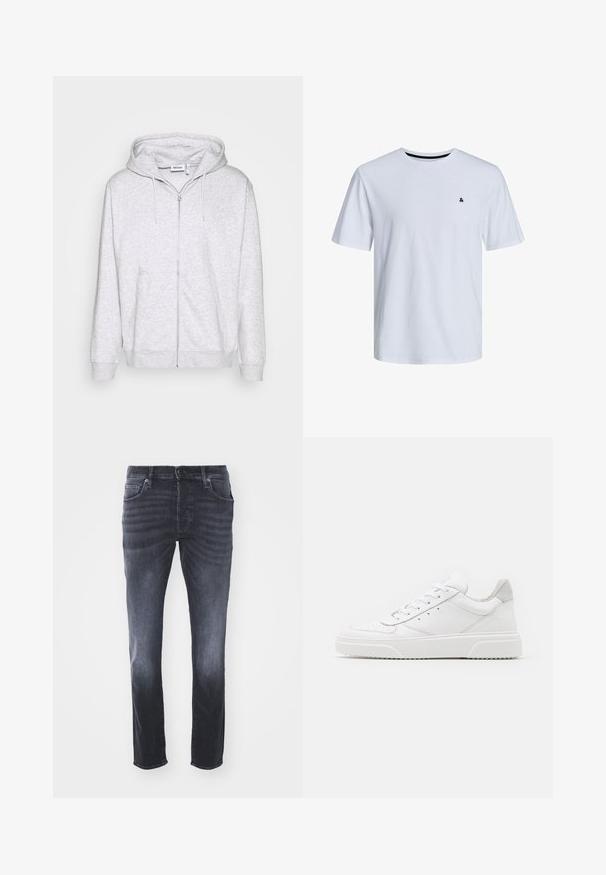 Sudadera de cremallera gris claro hecha de tela suave. Cuenta con una cremallera frontal, dos bolsillos laterales y una capucha ajustable con cordón.; Camiseta de algodón blanca con mangas cortas, cuello redondo y un pequeño logo negro en el lado izquierdo del pecho.; Vaqueros de mezclilla gris oscuro con un diseño clásico de pierna recta, que incluyen bolsillos frontales, cremallera con cierre de botón y un ligero desgastado.; Zapatillas de cuero blanca con un acabado suave, punta redondeada, cordones planos y una suela texturada. Acento de ante gris en el talón.