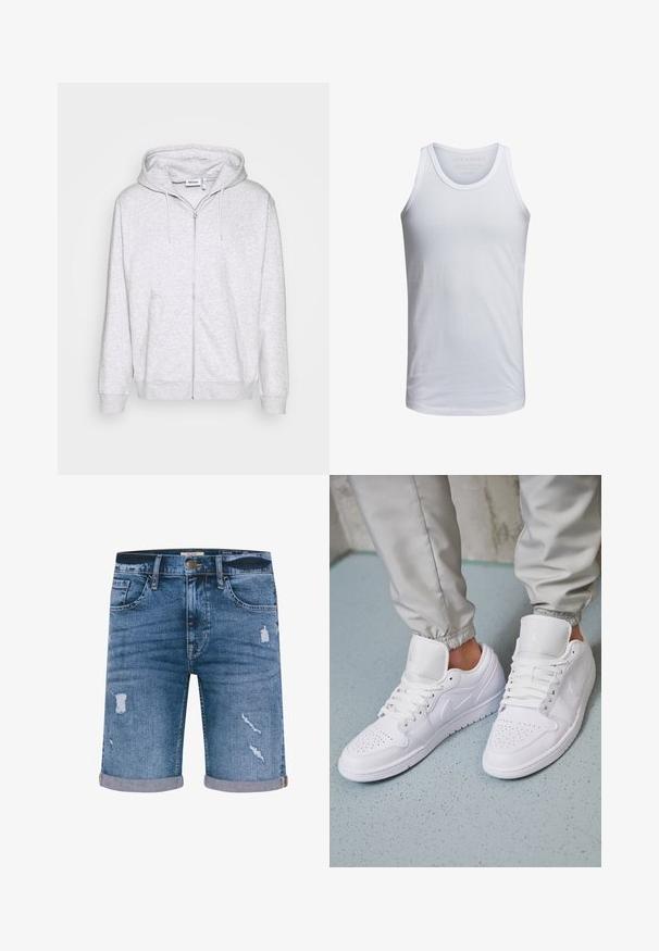 Heledhall hallikas kapuutsiga sviiter, mis on valmistatud pehmest kangast. Omab esitaskut, kahte küljetaskut ja reguleeritavat köiega kapuutsi.; Valge puuvillane tank top, millel on ümar kaelus, laiad õlapaelad ja minimaalne brändingu trükk krae sees. Pehme tekstuur, igapäevane istuvus.; Keskmise sinise tooniga teksashortsid, millel on kulutatud detailid, keerutatud äärised, viis taskut ja metallne nööp sulgemiseks. Tavaline lõige.; Valged nahast tossud sisaldavad perforatsiooni varvaste osas, lame nöörid, pehmendatud kaelus ja Jordani logo keelega. Kanda hallide spordipükstega.