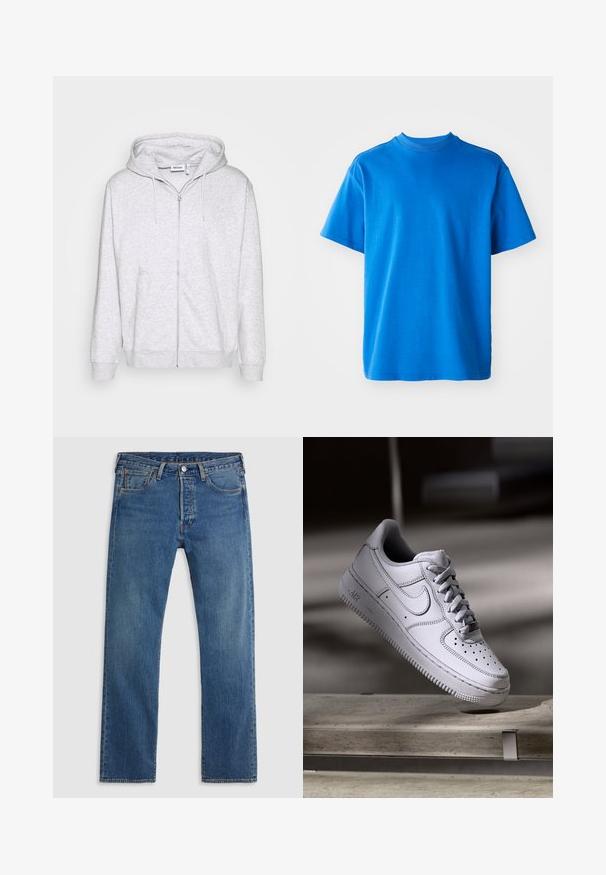 Sudadera de cremallera gris claro hecha de tela suave. Cuenta con una cremallera frontal, dos bolsillos laterales y una capucha ajustable con cordón.; Camiseta de algodón azul con cuello redondo, mangas cortas y un corte relajado. Textura suave y diseño sencillo sin patrones ni acentos.; Vaqueros de mezclilla azul de pierna recta con cinco bolsillos, presillas para el cinturón y un cierre frontal con botón y cremallera sobre un fondo liso.; Zapatilla Nike Air Force 1 de cuero blanco que presenta una puntera perforada, cordones planos y una suela de goma texturizada con la marca "AIR" en el lateral.