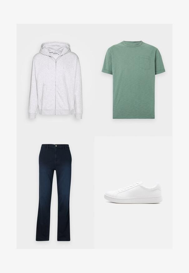 Hellgraue Zip-Hoodie aus weichem Stoff. Verfügt über einen Frontreißverschluss, zwei seitliche Taschen und eine verstellbare Kordelzugkapuze.; Grünes T-Shirt mit kurzen Ärmeln und Rundhalsausschnitt sowie Brusttasche, flach liegend vor weißem Hintergrund dargestellt.; Marineblaue gerade geschnittene Hose aus Denim, mit Reißverschluss, Gürtelschlaufen und einer einzelnen vorderen Tasche mit Kontrastnähten.; Weißer Low-Top-Sneaker mit Schnürverschluss, glattem Lederobermaterial und dicker Gummisohle, seitlich auf einem einfarbigen Hintergrund abgebildet.