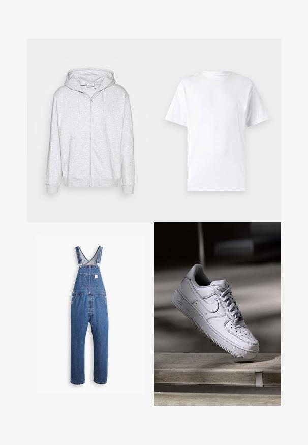 Lys grå zip-up sweatshirt lavet af blødt stof. Har en frontlynlås, to sidelommer og en justerbar snor i hætten.; Hvid kortærmet t-shirt lavet af bomuld med rund hals, der har en glat tekstur og et simpelt design uden mønstre eller accenter.; Denim overalls i mellemblå, med justerbare stropper, en frontlomme og metalbeslag, i en afslappet pasform og lige ben-design.; Hvid læder Nike Air Force 1 sneaker med perforeret tå, flade snørebånd og tekstureret gummisål med "AIR" branding på siden.
