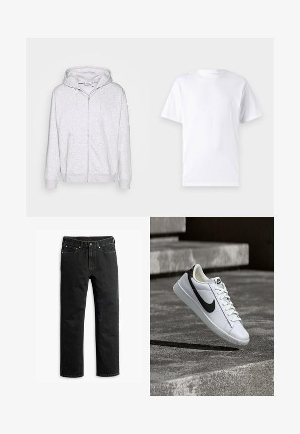 Hoodie zippé gris clair en tissu doux. Il présente une fermeture éclair à l'avant, deux poches latérales et une capuche avec cordon de serrage ajustable.; T-shirt blanc à manches courtes en coton avec un col rond, présentant une texture lisse et un design simple, sans motifs ni accents.; Jean en denim noir à jambe droite avec cinq poches, passants de ceinture et fermeture par bouton à la taille, disposé à plat sur un fond blanc.; Baskets Nike en cuir blanc avec le logo noir, lacets noués, flottant au-dessus de marches en béton gris texturé.