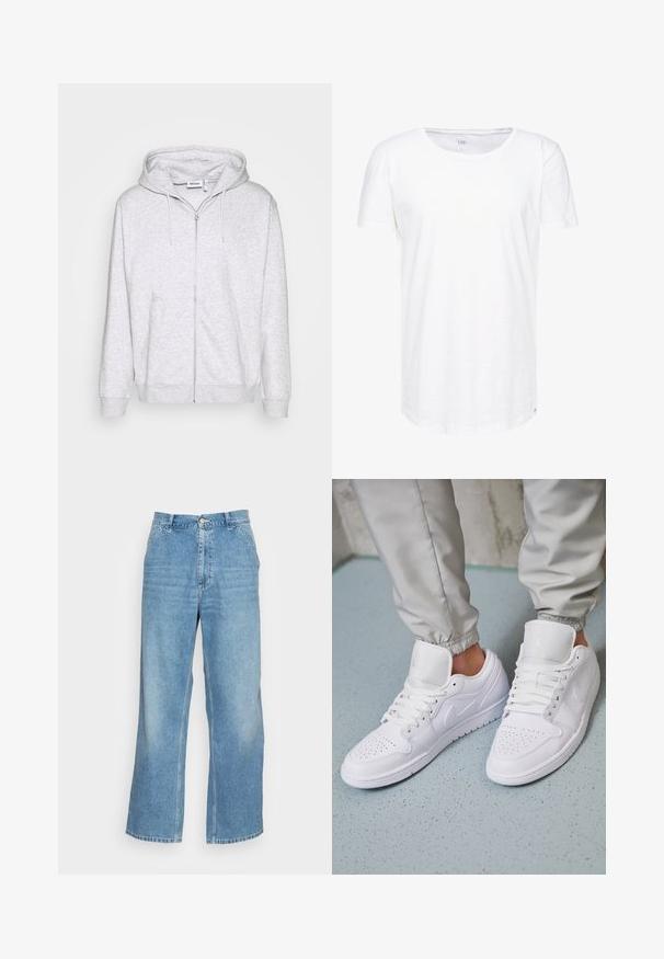 Lys grå zip-up sweatshirt lavet af blødt stof. Har en frontlynlås, to sidelommer og en justerbar snor i hætten.; Hvid, kortærmet t-shirt lavet af blødt bomuldsstof. Har en rund halsudskæring og en afslappet pasform med en diskret mærkeetiket på kanten.; Lyseblå bred ben jeans lavet af denim. Har en høj talje, knaplukning og standard fem-lomme design. Glat tekstur.; Hvide lædersneakers har en perforeret tåboks, flade snørebånd, polstret krave og Jordan-logoet på tungen. Båret med grå joggers.