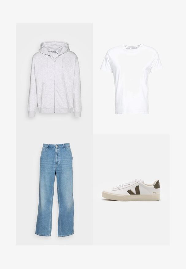 Hellgraue Zip-Hoodie aus weichem Stoff. Verfügt über einen Frontreißverschluss, zwei seitliche Taschen und eine verstellbare Kordelzugkapuze.; Weißes Baumwoll-T-Shirt mit rundem Ausschnitt und kurzen Ärmeln, im klassischen Schnitt und mit glatter Textur. Keine sichtbaren Muster oder Hardware.; Helle blaue weit geschnittene Jeans aus Denim. Mit hoher Taille, Knopfverschluss und klassischem Five-Pocket-Design. Glatte Textur.; Weiße Leder-Sneaker mit einer hellbeigen Gummisohle. Mit braunem Wildleder-V-Logo und Fersenlasche. Schnürverschluss mit texturierter Oberfläche.